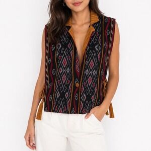 Lori Ikat Vest Women One Size Multicolor Corduroy Collar Side Ties Boho NEW